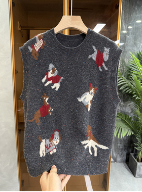 工厂yuan单！提花小狗羊绒羊毛圆领针织背心马甲女  737382~JS