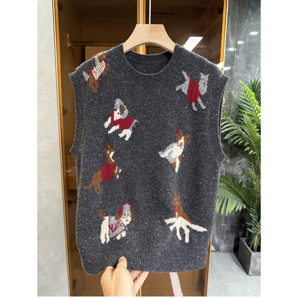 工厂yuan单！提花小狗羊绒羊毛圆领针织背心马甲女  737382~JS