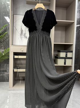 清仓不予退换！丝绒蕾丝V领短袖波点大摆连衣裙100873~ZY