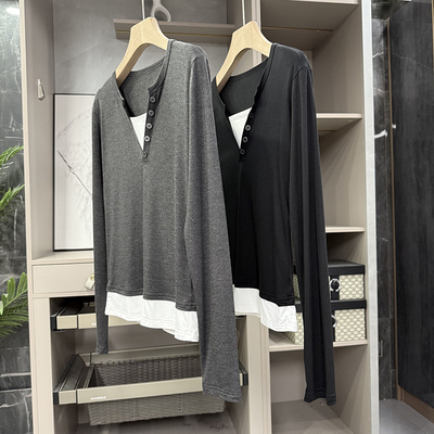 N货！冰氧假两件V领长袖T恤上衣