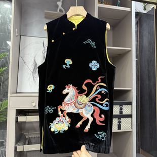 柜款！国风新中式！真丝丝绒刺绣骏马中长款背心马甲女  92578~ZY