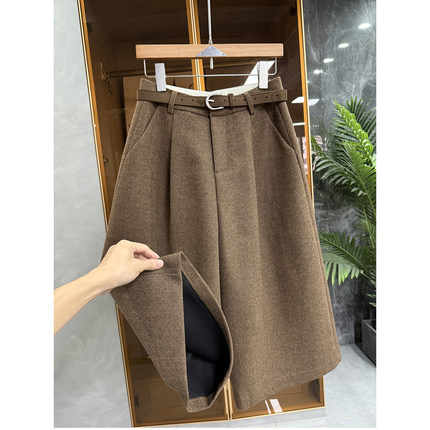 Q货！时髦高ji感！高腰羊毛毛呢西裤休闲阔腿中裤女  W257440~JS