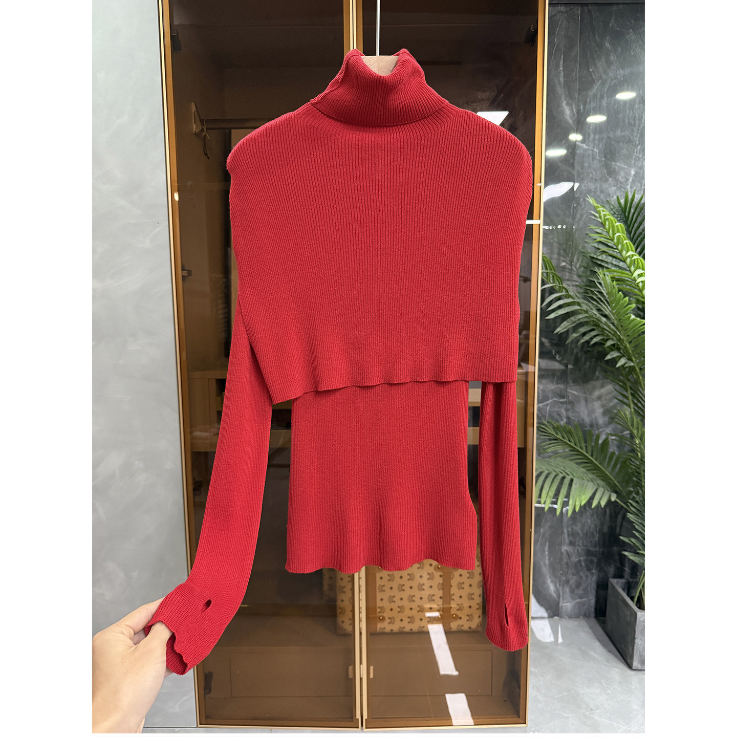 两件套披肩高领修身羊毛针织衫