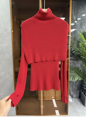 美到尖叫！两件套披肩高领修身羊毛针织衫上衣女   250984~JS