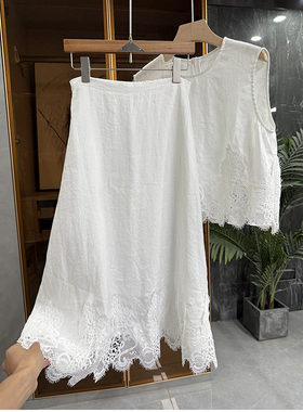清仓不予退换！亚麻蕾丝花边无袖上衣+半身裙套装女T85436~JS