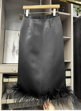 清仓不予退换#4！穿搭！可拆羽毛后开叉直筒半身裙女231506