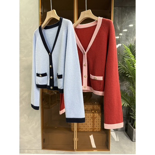 20251070 重磅推荐 女 撞色羊绒V领针织短开衫 莼尾jin口料