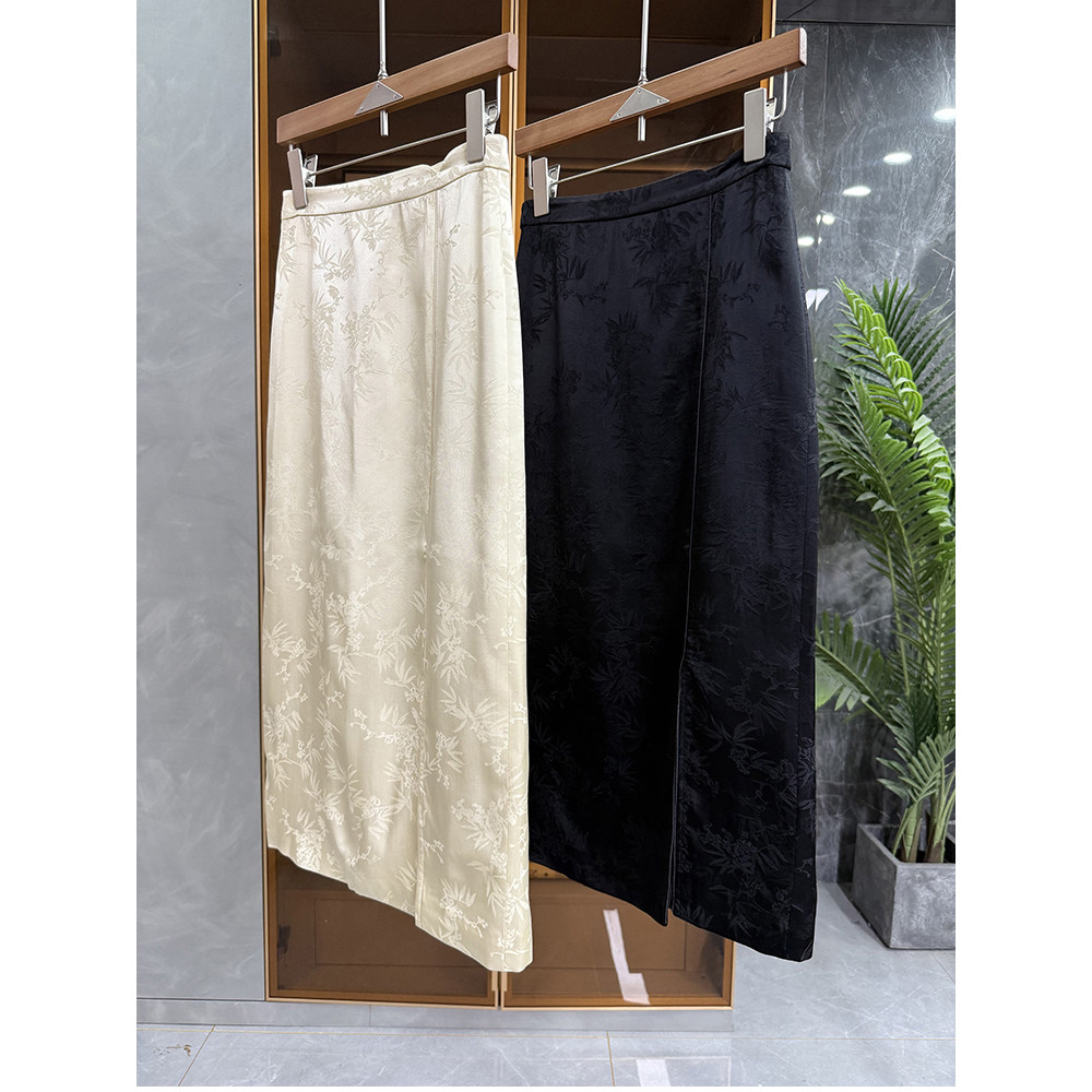 中式风！提花缎面包臀开叉半身裙