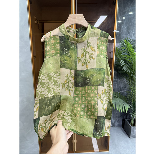 中式印花真丝欧根纱立领背心上衣