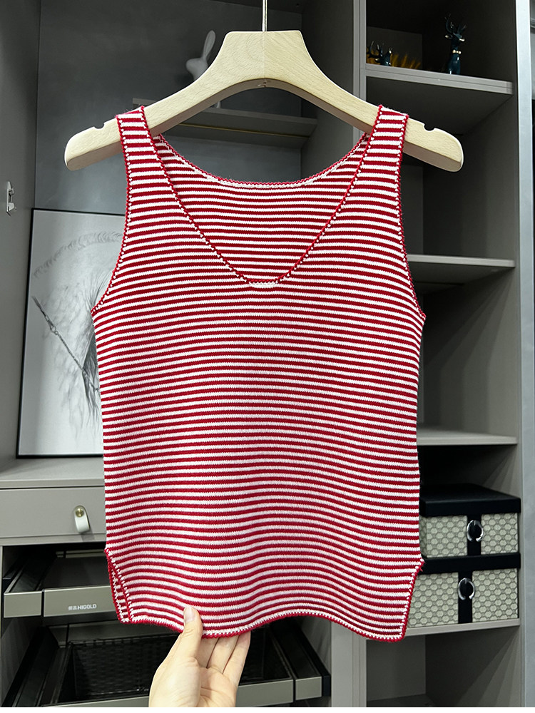 双织条纹开叉针织衫背心上衣  m3105