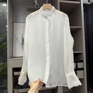 P牌设计师款！双层立领真丝欧根纱长袖衬衫上衣女   761369~ZY