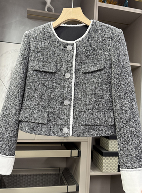 清仓不予退换！式！拼接粗花呢羊毛圆领短外套女Y615~ZY