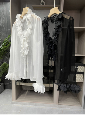 清仓不予退换！质！真丝顺纡花瓣V领披肩长袖上衣女    T25324~ME