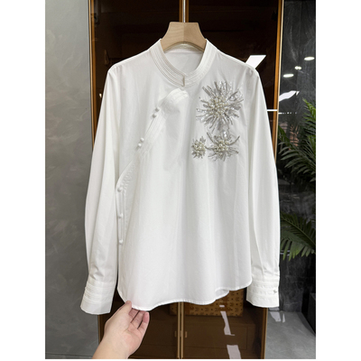 中式宽松钉珠亮片斜襟立领棉衬衫