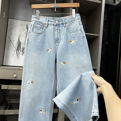 N货！刺绣小狗中高腰牛仔直筒裤