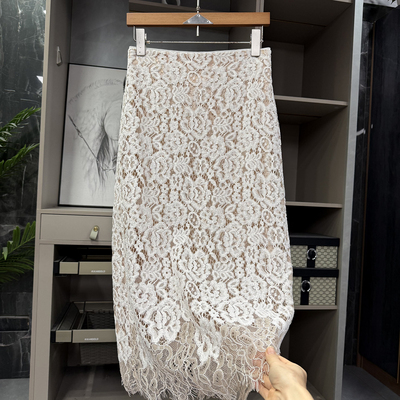重工亮片蕾丝包臀后开叉半身裙