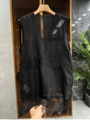 N货！中长款蕾丝V领天丝背心上衣