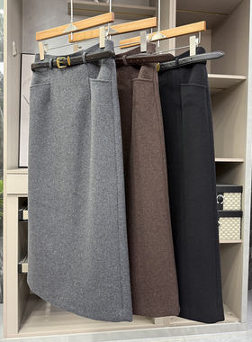 秋冬穿搭高ji感！羊毛毛呢后开叉直筒半身裙女    K1199~ZY