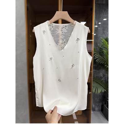 钉珠醋酸拼蕾丝V领无袖背心上衣