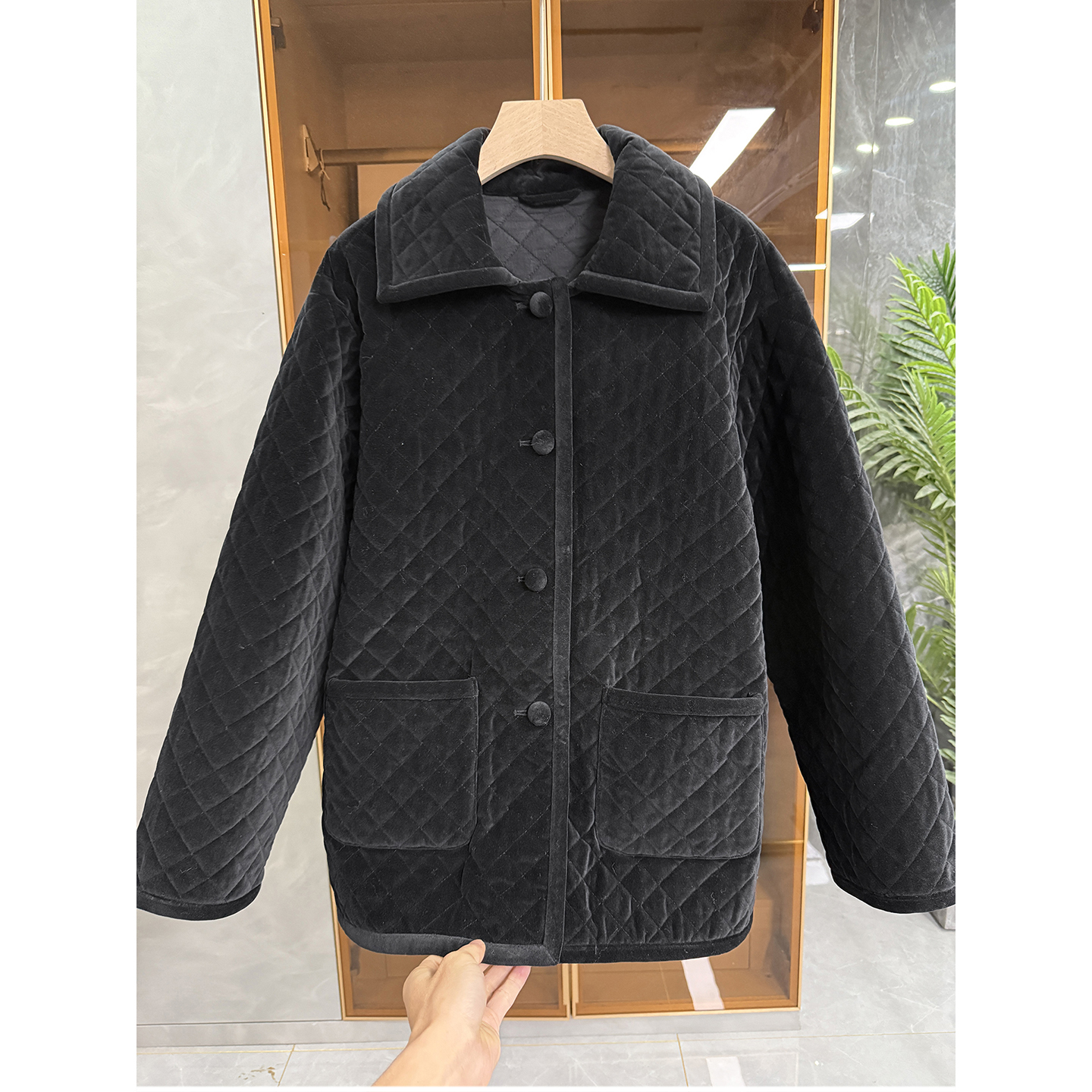 yuan单宽松丝绒菱格棉服翻领外套