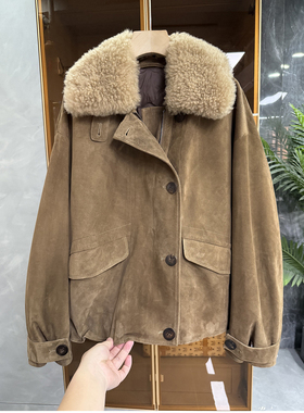 莼尾柜款！可拆毛领胎牛皮白鹅绒羽绒服宽松外套女   W257503~ME