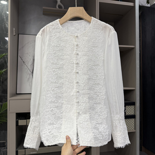 N货！温柔到心尖尖上！宽松苎麻花边圆领长袖衬衫上衣女  Y756~ZY