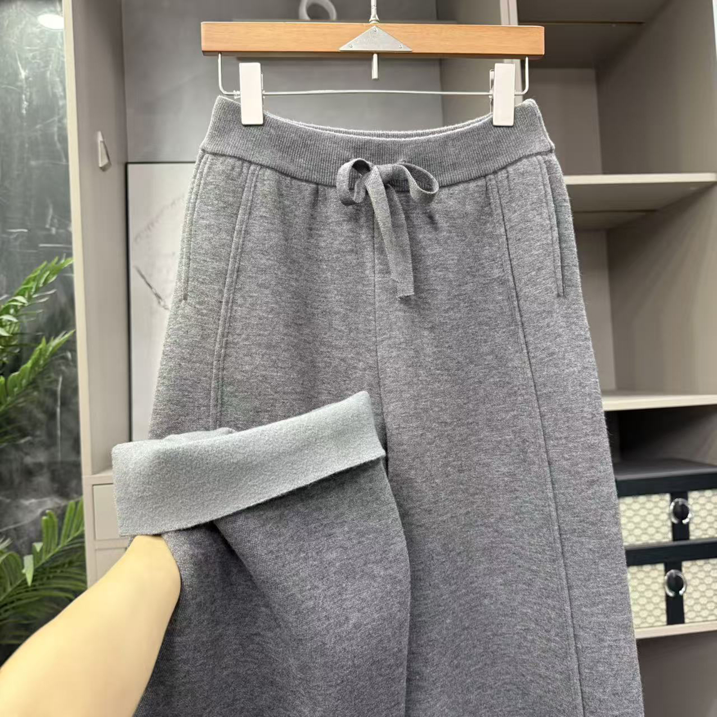 加绒厚羊毛针织松紧腰休闲阔腿裤