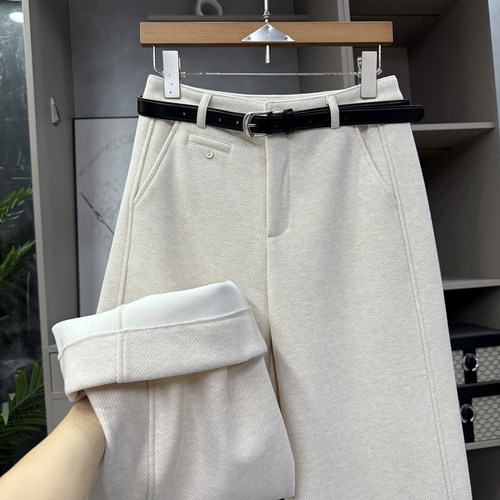 斜纹羊毛加绒中高腰休闲直筒裤