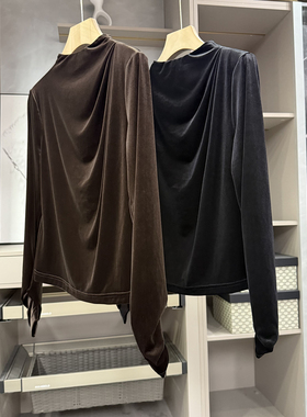 气质款！谁穿谁夸！捏褶丝绒小立领长袖上衣女     Y591~ZY