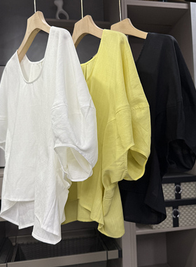 清仓不予退换！亚麻莱赛尔灯笼袖圆领上衣女M02156~ZY