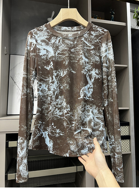 怒吼推！修身舒爽！真丝网纱印花打底衫上衣女  C2610~ZY