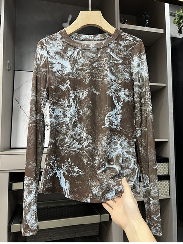 强~真丝网纱印花打底衫上衣女