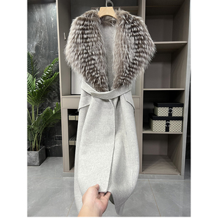 清仓不予退换#B道！狐狸毛皮领羊毛双面呢马甲外套大衣女34260