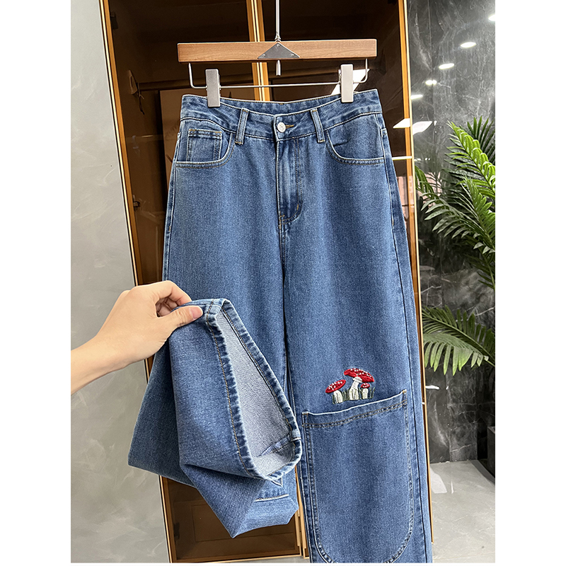 N质！刺绣蘑菇中高腰牛仔直筒裤
