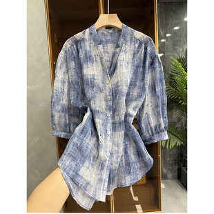 清凉单品 衬衫 夏日里 宽松晕染苎麻V领中袖 上衣女 3439A