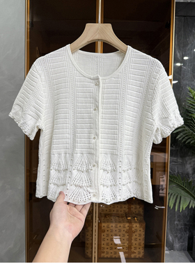 清仓不予退换！钩花圆领短袖针织开衫短上衣女R3671~ME