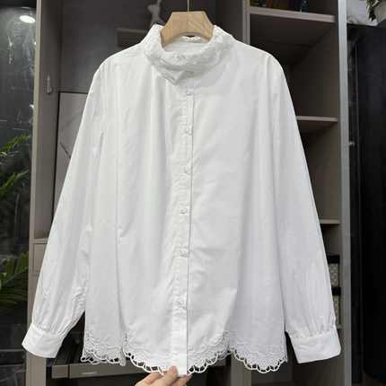 秋冬款！浪漫法式！宽松薄绒花边领棉衬衫上衣女   W257522~ZY