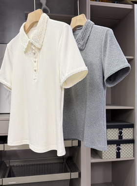 厂里墙裂推荐！拼接花边POLO领短袖天丝棉T恤上衣女 A3126~ZY