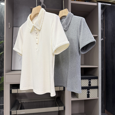 拼接花边POLO领短袖天丝棉T恤