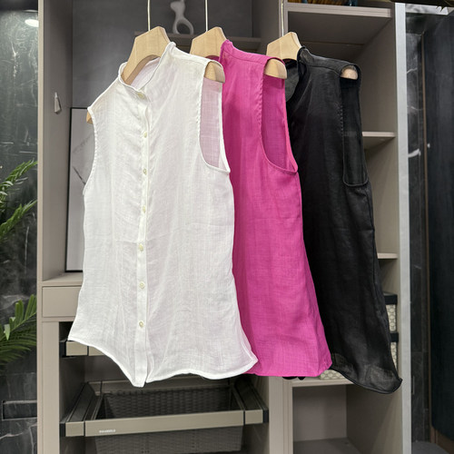 凉感透气苎麻小立领无袖衬衫上衣