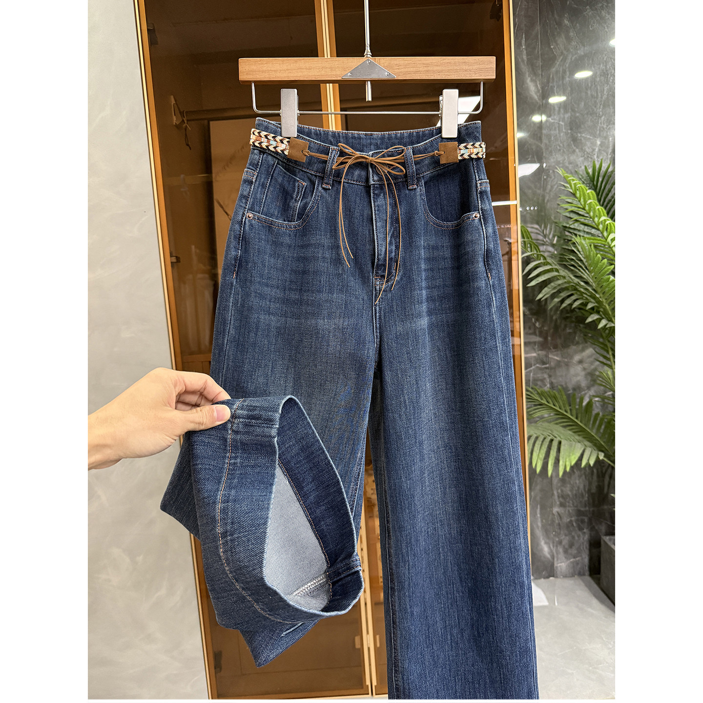 小个子收！显瘦显高挑！中高腰腰带牛仔直筒九分裤女 M041920~JS