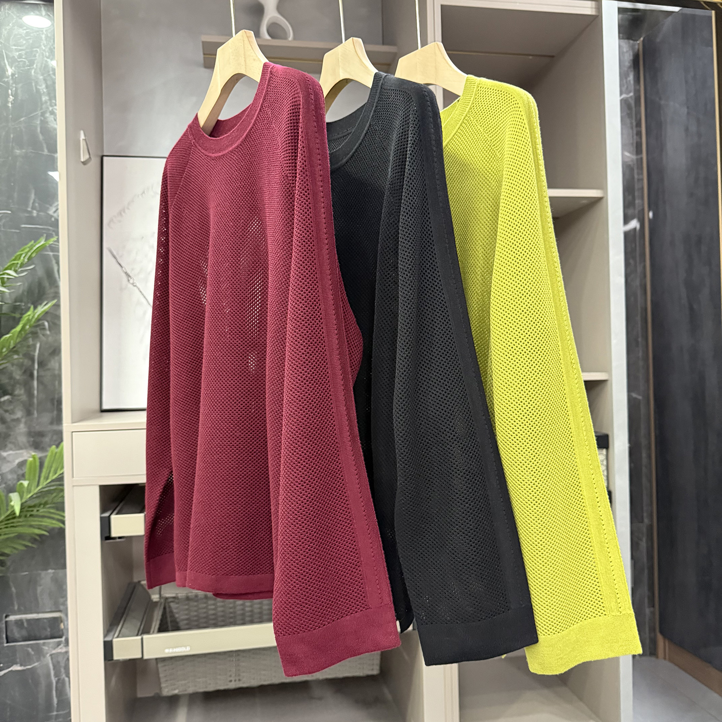 尖货真丝羊绒羊毛网格长袖针织衫