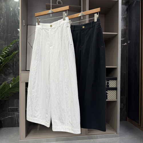 宽松后松紧高腰休闲阔腿九分裤