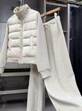 代厂柜款！拼接立领加绒白鸭绒羽绒服外套+休闲裤套装女252263~ZY