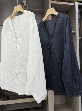 清仓不予退换！松苎麻刺绣花边V领长袖衬衫上衣女CYMK07019~ZY