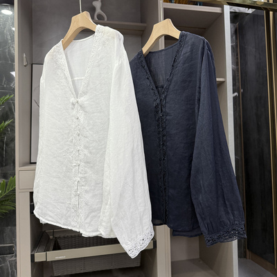 外M单！宽松苎麻刺绣V领长袖衬衫