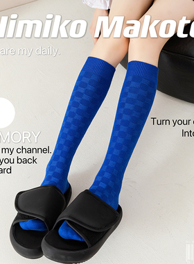 ins网红双针棋盘格纯棉小腿袜日系复古高筒黑色韩版长袜子女英伦