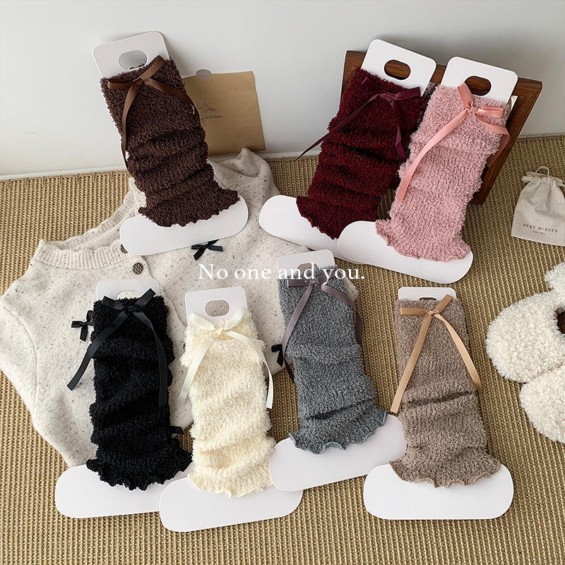 秋冬保暖半边绒蝴蝶结袜套日系可爱复古JK洛丽塔堆堆小腿袜子女长