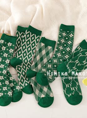 ins双针双路中筒袜纯棉堆堆袜女袜日系复古袜子女菱格绿色系韩版