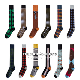 ins网红小腿袜女韩版 街头潮拍高筒袜精梳棉及膝袜格子长筒袜子女